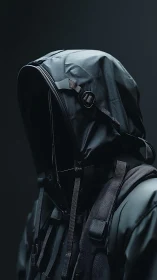 Midnight hooded figure wrapped in sleek tactical shadows.