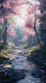 Cherry blossom stream winds through tranquil spring valley.