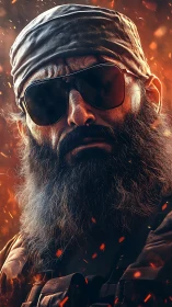 Battle-hardened soldier stares through embers and rising heat