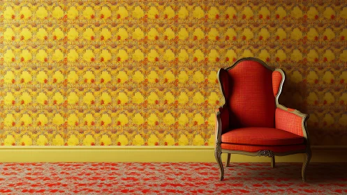 Ornate red armchair contrasts with patterned yellow room decor.