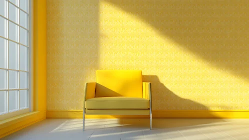 Minimalist yellow armchair in sunlit modern interior.