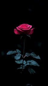 Hot Pink Rose with Water Droplets on Black Background