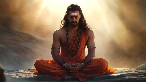 Serene yogi meditates in golden divine mountain light