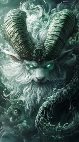 Mystic horned spirit gazes calmly through swirling green mists