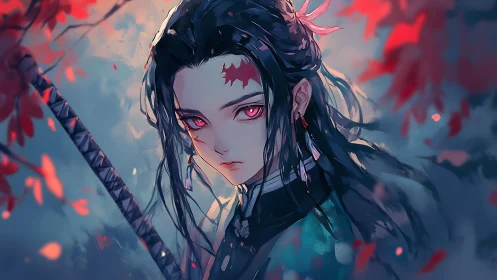 Swordsman with red eyes stands amid blurred red foliage.