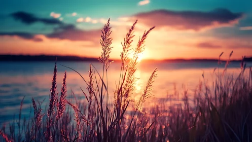 Backlit shoreline grasses against low sun over calm water.