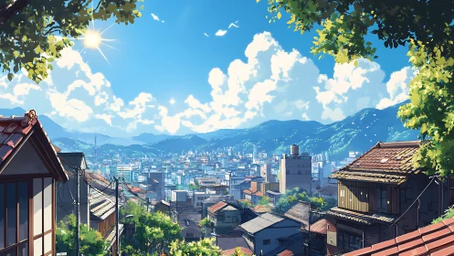 Sunlit hillside town gazes over a peaceful summer city