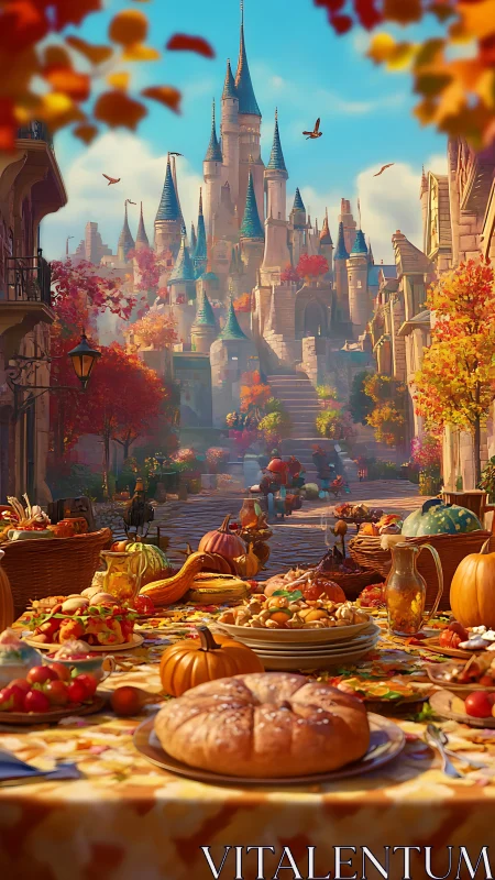 Fantasy harvest banquet before autumn castle promenade.