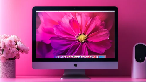 Pink desktop monitor with floral display in monochrome studio.