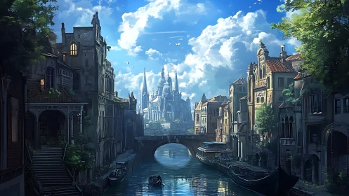 Sunlit canal city recedes toward luminous fantasy citadel