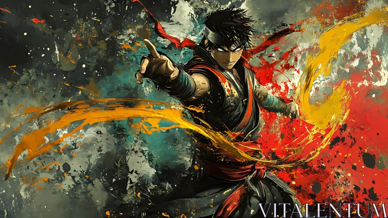 Heroic warrior commands swirling elemental paint energy