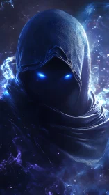 Spectral hooded entity with luminous blue ocular cores in void.