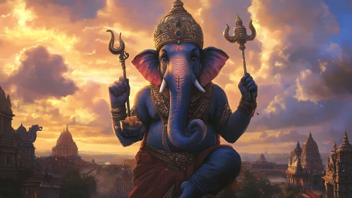 Radiant blue deity rises calmly above sunlit temple city