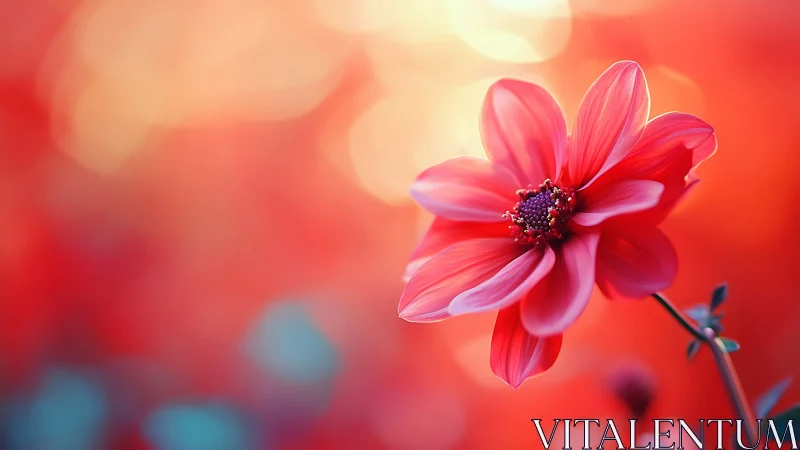 Pink cosmos flower against diffused red and orange background