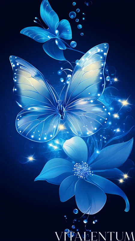 Glowing blue butterflies and flower on deep night background.