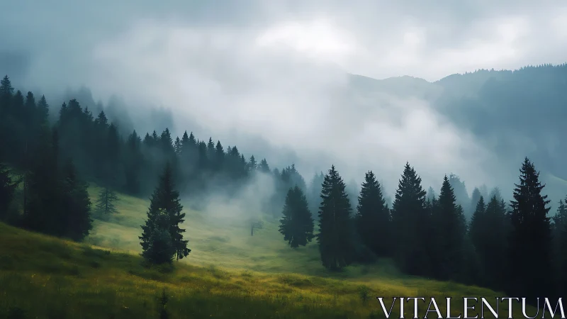 Forested valley with fog and coniferous trees under overcast sky