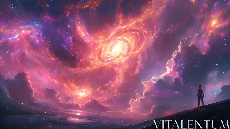 Person stands under luminous cosmic nebula sky at dusk