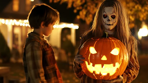 Masked child showcases glowing jack-o’-lantern in shallow focus