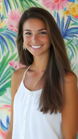 Portrait shows young woman before multicolored floral wall