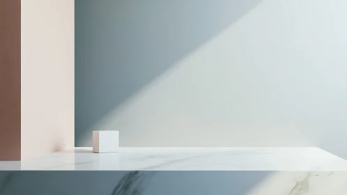 Geometric cube on marble surface under angled daylight