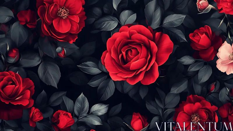 Red Roses with Dark Foliage on Black Background.