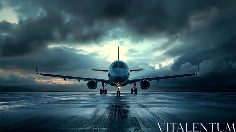Photorealistic frontal jet on wet runway under storm sky.