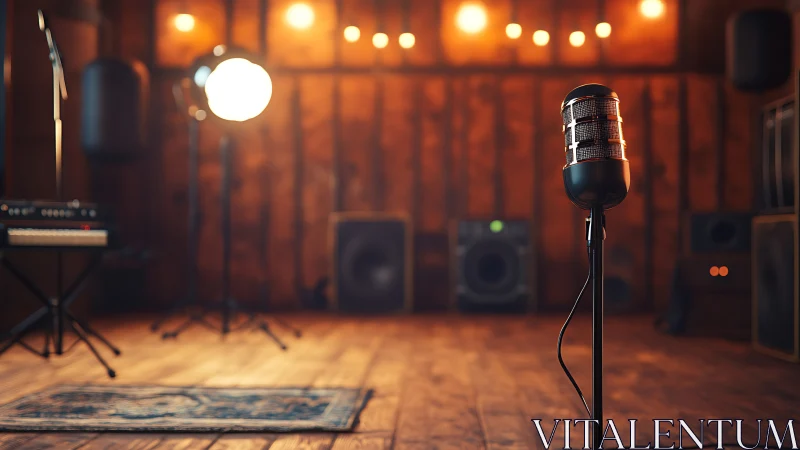 Microphone in warm-lit wooden studio with musical equipment.