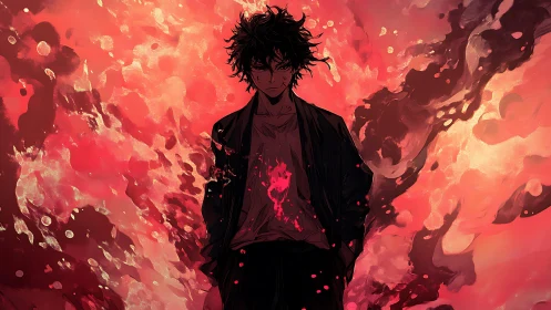 Brooding anime figure stands amid erupting crimson flames