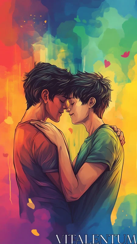 Two Figures in Intimate Embrace with Dynamic Chromatic Gradient Backdrop
