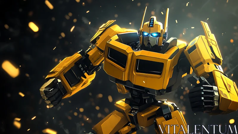 Yellow armored humanoid robot stands in dynamic pose