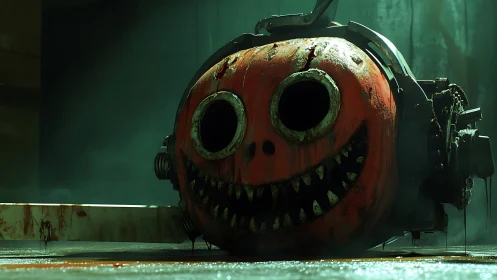 Corroded pumpkin-head industrial grinder shows macabre mechanical grin