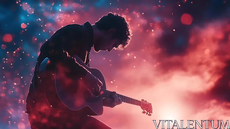Silhouetted guitarist in bokeh nebula light with warm backlighting