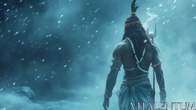 Mythic warrior silhouette strides through icy storm