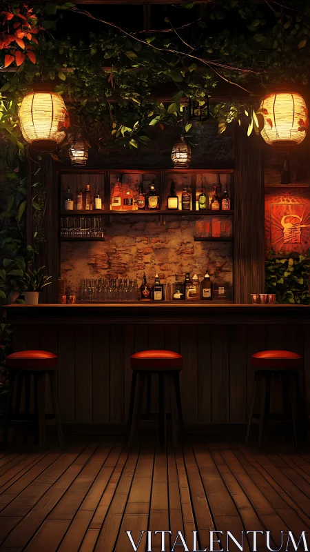 Neon-Lit Spirits Bar with Hanging Lanterns Amid Garden Foliage.