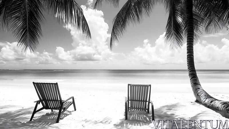 Monochrome deckchairs under palm canopy frame tranquil shoreline