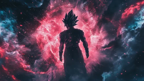Anime energy warrior silhouette within cosmic vortex field.