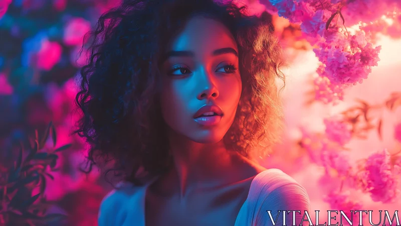 Soft neon blossoms surround a thoughtful young woman
