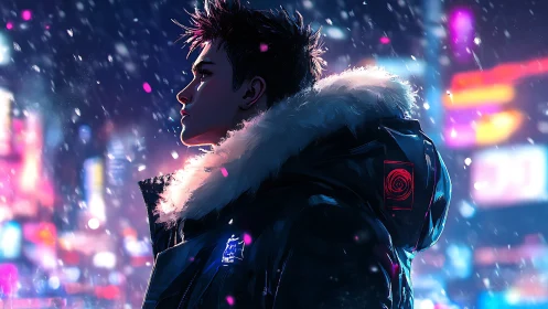 Cyberpunk street wanderer under neon snowfall at night.