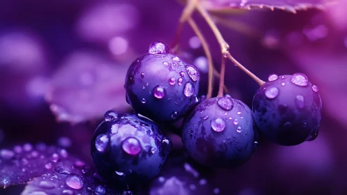 Macro capture of dew-laden violet berries under magenta bokeh.