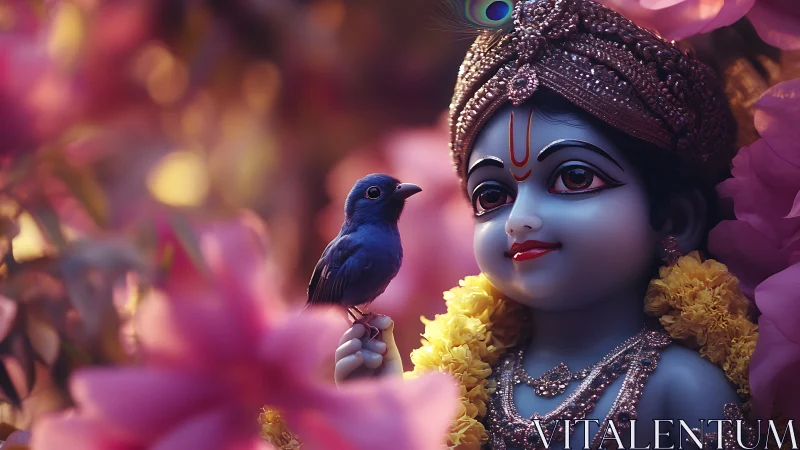 Divine child idol meets blue songbird amid glowing blossoms