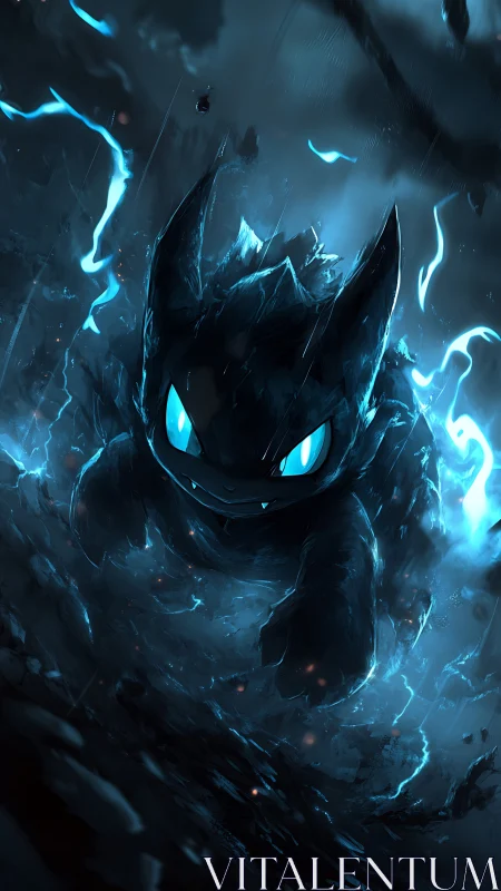 Glowing blue-eyed creature charges through storm-lit darkness