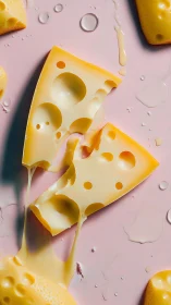 Melted Swiss cheese wedges on pastel backdrop in macro view.
