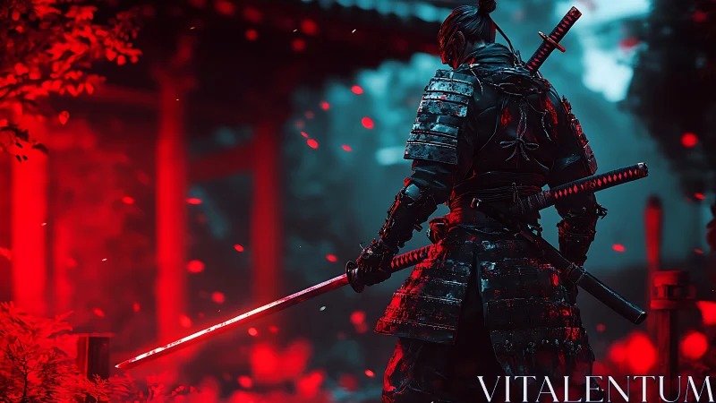 Bloodlit samurai warrior poised amid glowing scarlet petals.