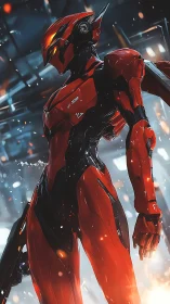 Crimson combat mecha in high-tech hangar environment.