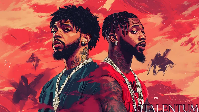 Dual hip-hop portraits amid fiery abstract skies.