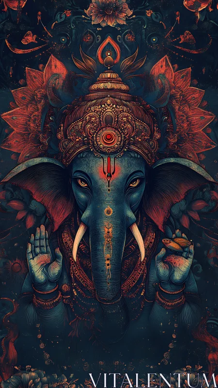 Symmetric blue elephant deity illustration with ornate red mandala detailing