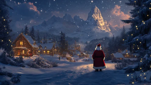 Santa surveys illuminated alpine village in cinematic winter dusk