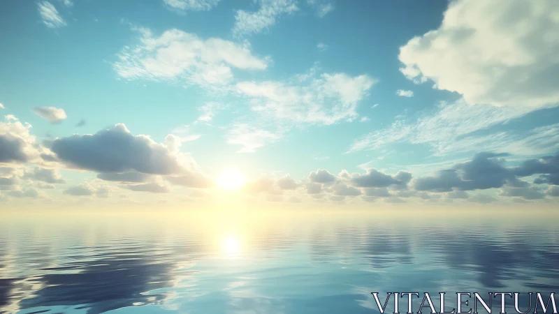 Sunrise over calm ocean waters reflects peaceful sky.