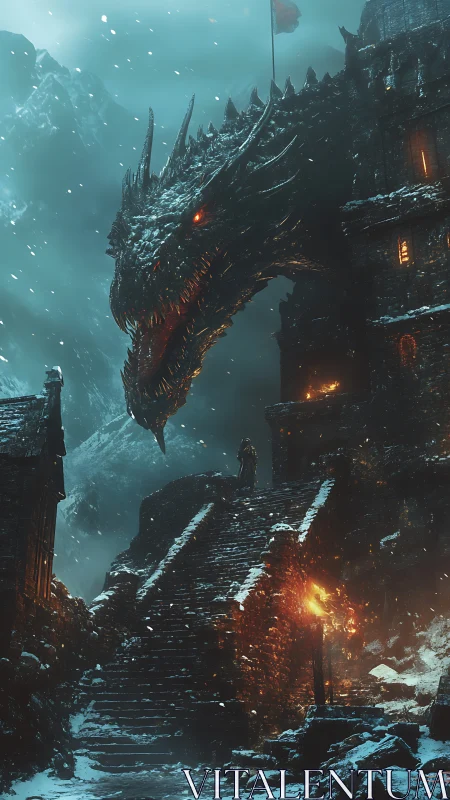 Dragon looms over stone fortress stairs in snowy night