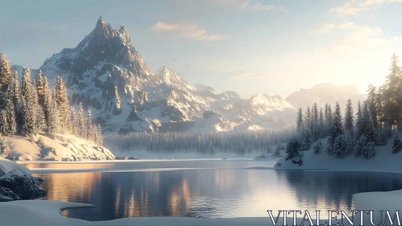 Snow-clad alpine peaks above reflective frozen lake at dawn.